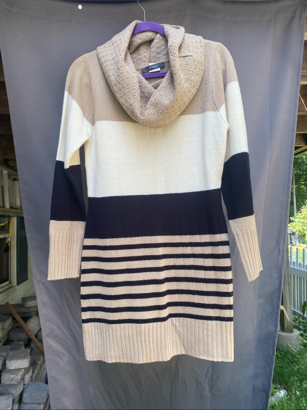 Rhapsody Striped Cowl Neck Sweater Dress in Beige, Ivory & Black